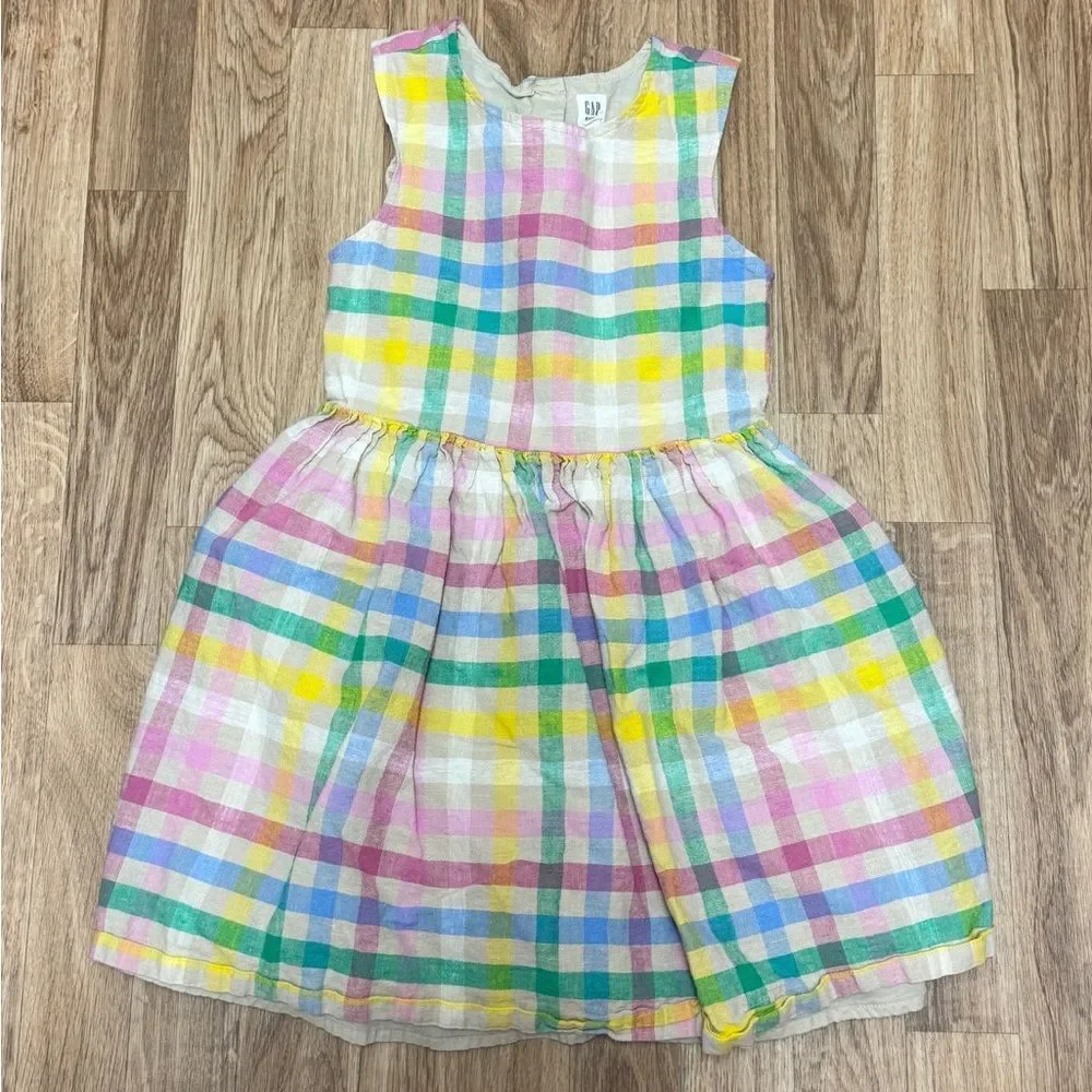 Gap Kids Rainbow Plaid Linen‎ Blend Sleeveless Dress Cutout Back Girls Size M 8